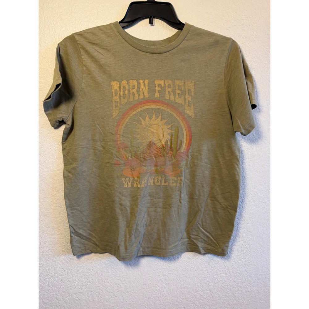 Wrangler Born Free Graphic Tee Olive Green Desert Sun Rainbow Small